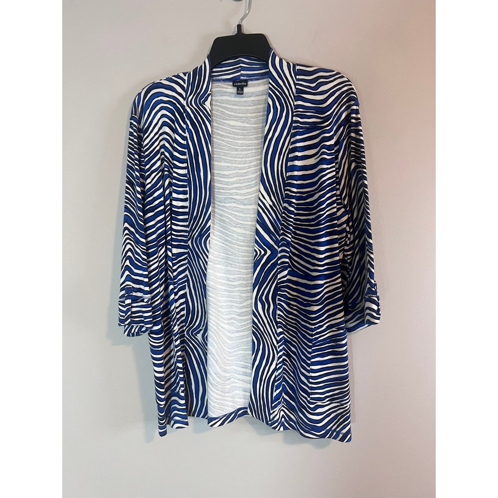 Rafaella Womens Blue White Wavy Stripe Open Front Cotton Cardigan Large RN95615